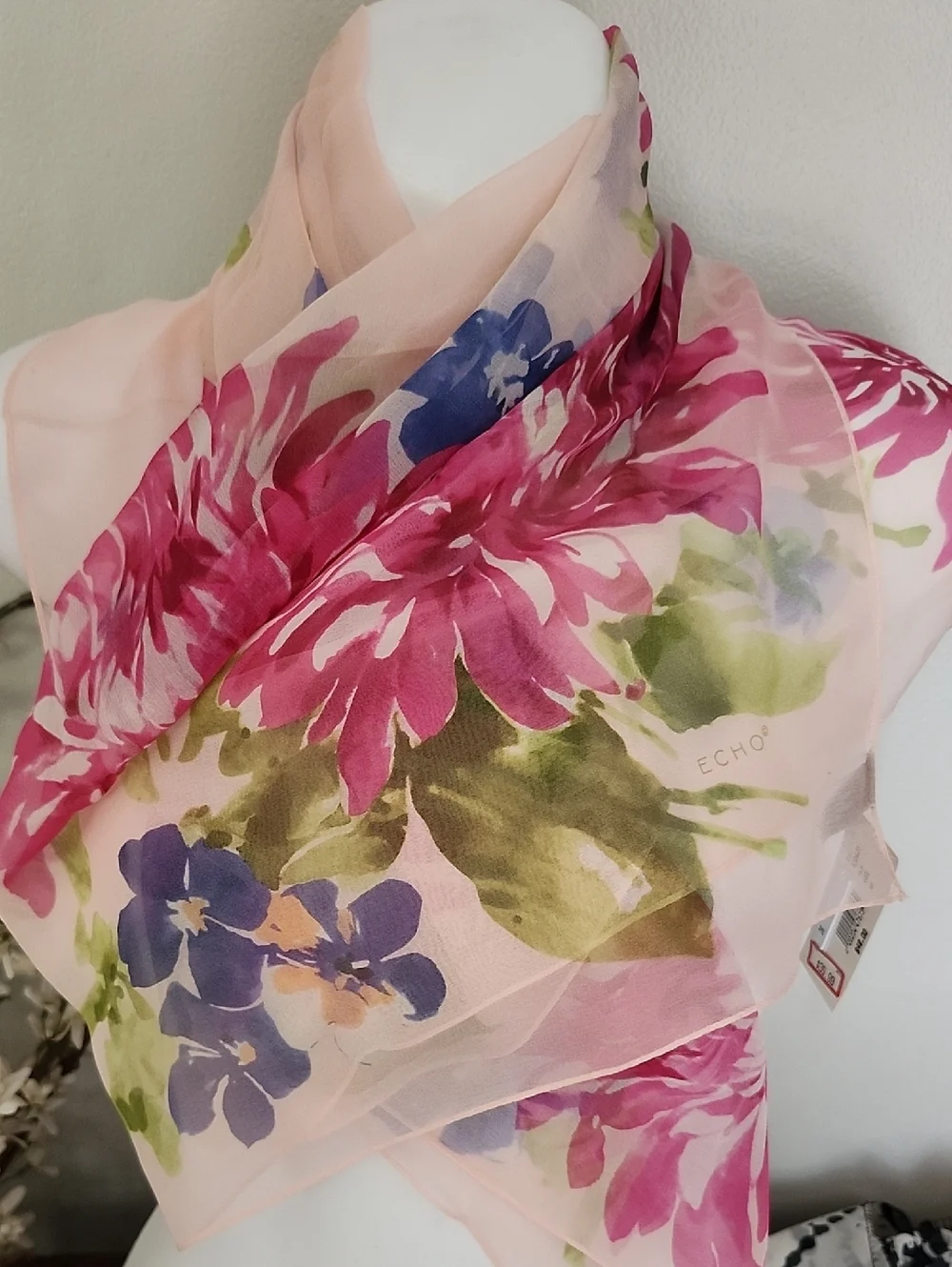 NWT Echo Pink Floral Watercolor Print Lightweight Silk Sheer Scarf - Picture 1 of 12